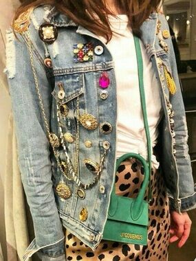 Brooch Crazy!  Embellished Denim Jackets with antique brooches. Maximalist